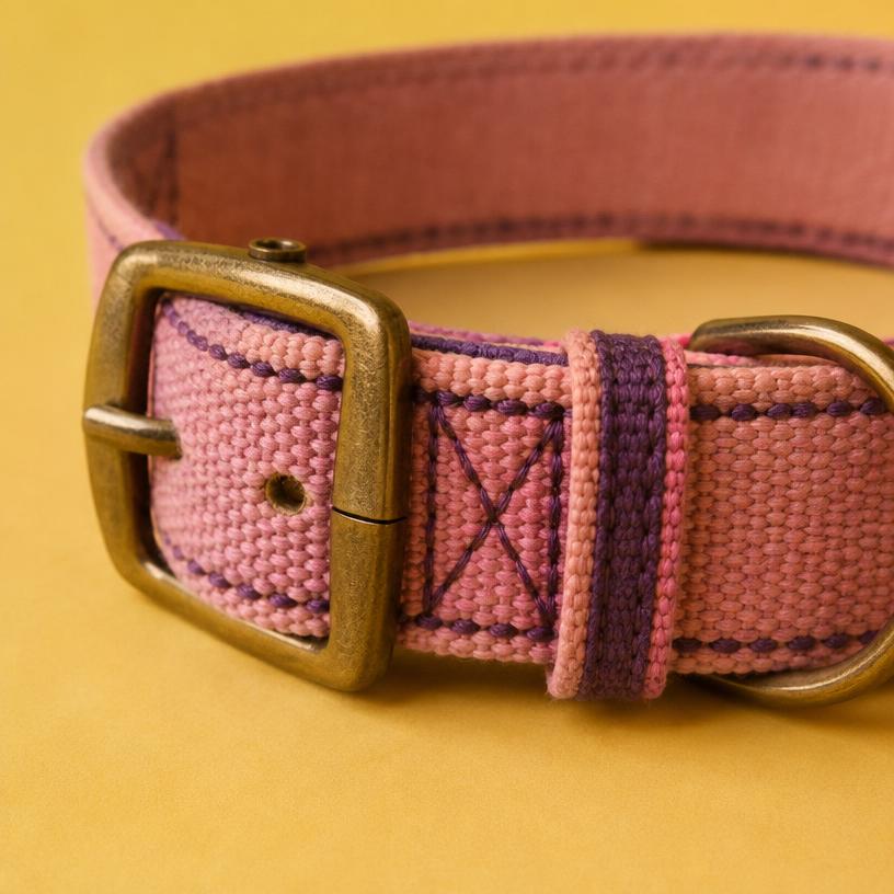 Detalle de collar rosa tejido con hebilla dorada