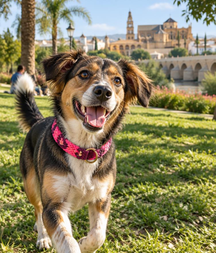 Perro jugando al aire libre con collar rosa