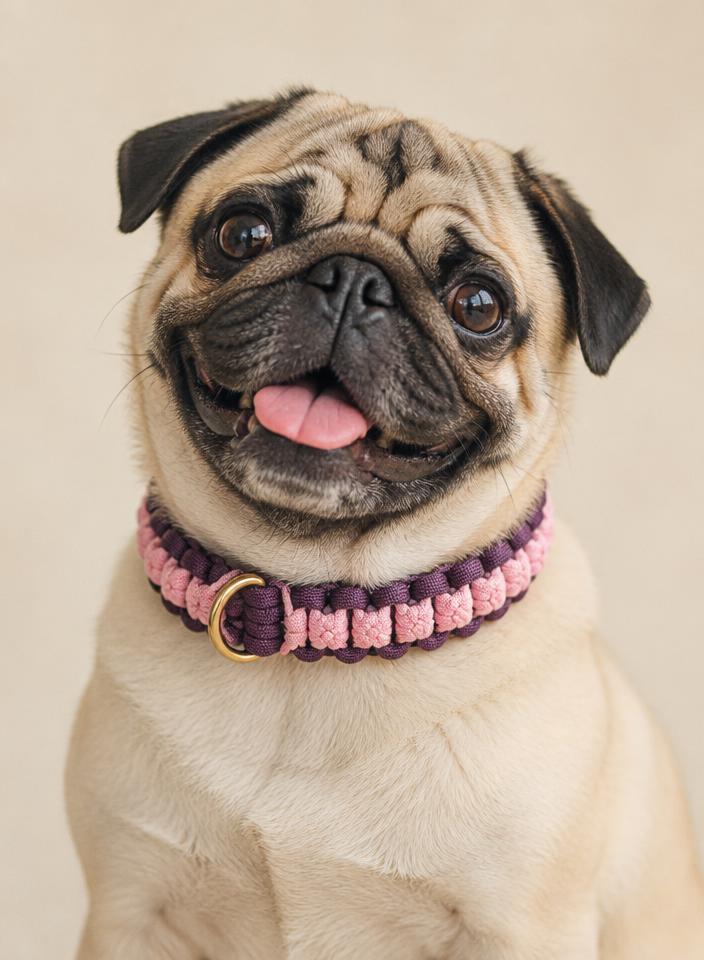 Pug feliz con collar rosa y violeta